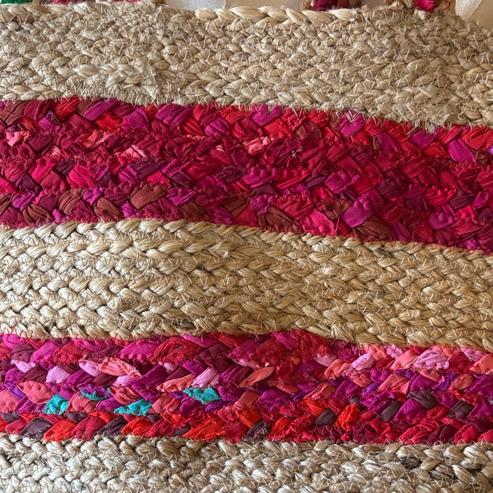 America & Beyond Boho Jute Straw Tote Pink Stripe Pom Pom Beach Market Bag - Picture 7 of 8